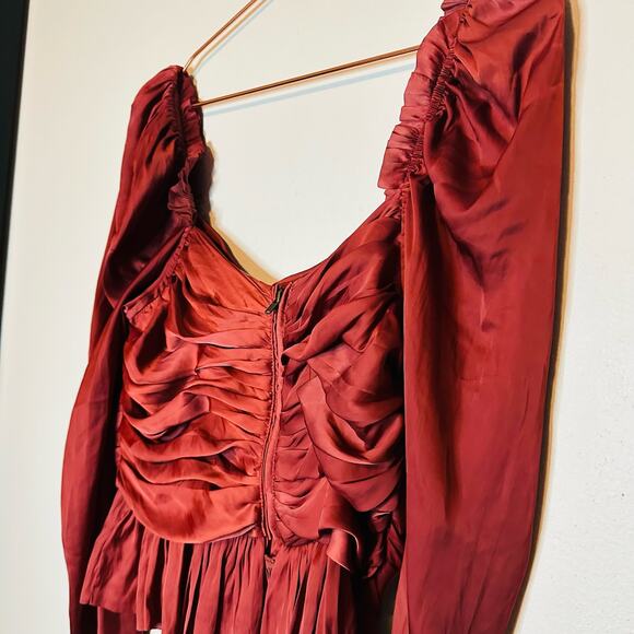 ULLA JOHNSON Women's Red Satin Halter Neck Mirelle Peplum Puff Blouse Size 10 - Picture 7 of 16